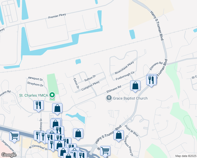 map of restaurants, bars, coffee shops, grocery stores, and more near 3517 Compton Parkway in Saint Charles