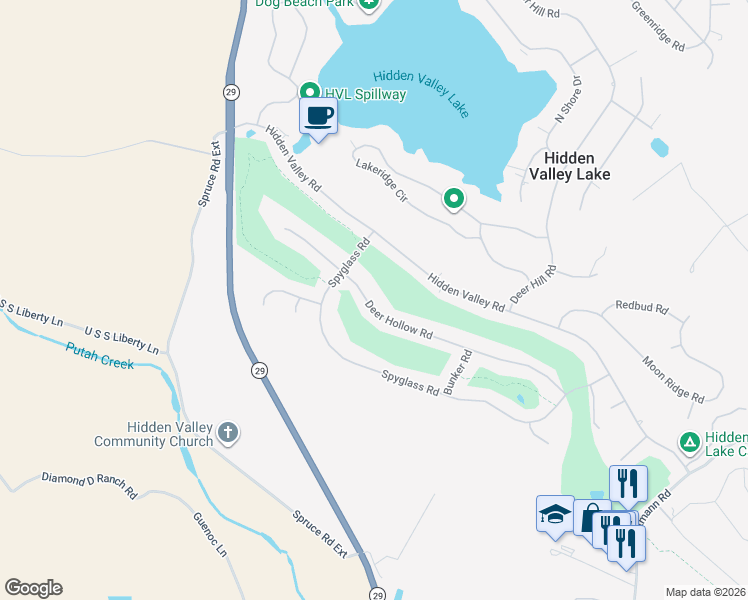 map of restaurants, bars, coffee shops, grocery stores, and more near 18406 Deer Hollow Road in Hidden Valley Lake