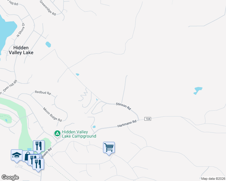 map of restaurants, bars, coffee shops, grocery stores, and more near 19618 Stinson Road in Hidden Valley Lake