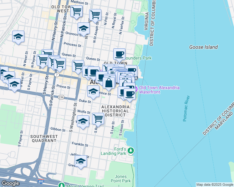 map of restaurants, bars, coffee shops, grocery stores, and more near 201 Prince Street in Alexandria