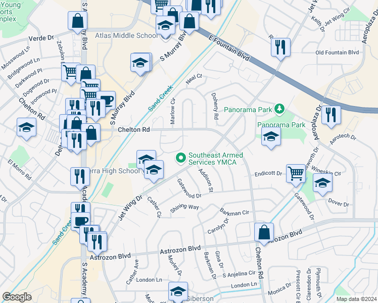 map of restaurants, bars, coffee shops, grocery stores, and more near 4381 Hunting Meadows Circle in Colorado Springs