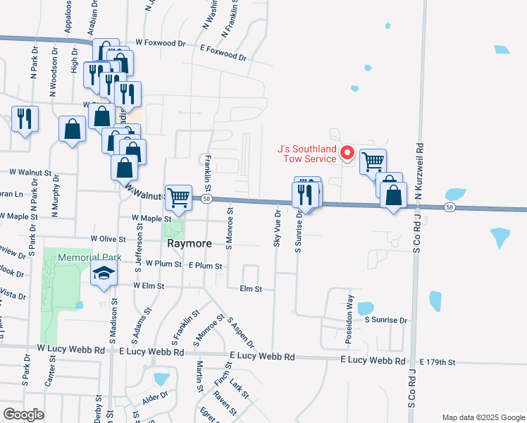 map of restaurants, bars, coffee shops, grocery stores, and more near 309 East Walnut Street in Raymore