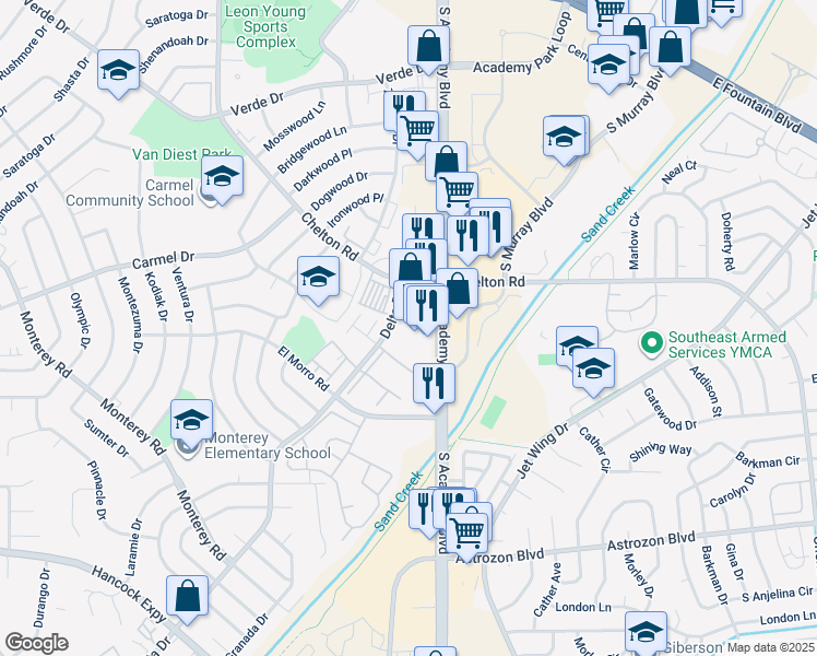 map of restaurants, bars, coffee shops, grocery stores, and more near 1950 South Academy Boulevard in Colorado Springs