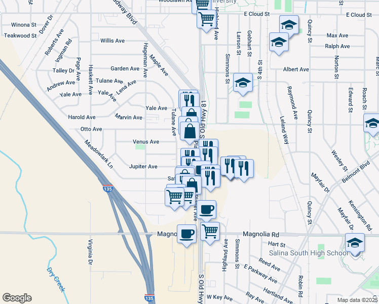map of restaurants, bars, coffee shops, grocery stores, and more near 2154 Planet Avenue in Salina