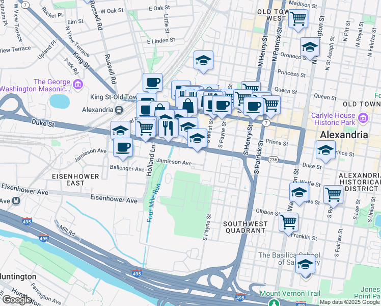 map of restaurants, bars, coffee shops, grocery stores, and more near 1420 Duke Street in Alexandria