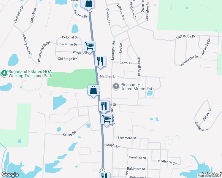 map of restaurants, bars, coffee shops, grocery stores, and more near Lexington Road in Pleasant Hill