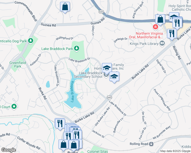 map of restaurants, bars, coffee shops, grocery stores, and more near 5404 Brixham Court in Burke