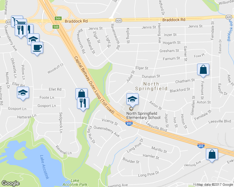 map of restaurants, bars, coffee shops, grocery stores, and more near 5419 Juliet St in Springfield