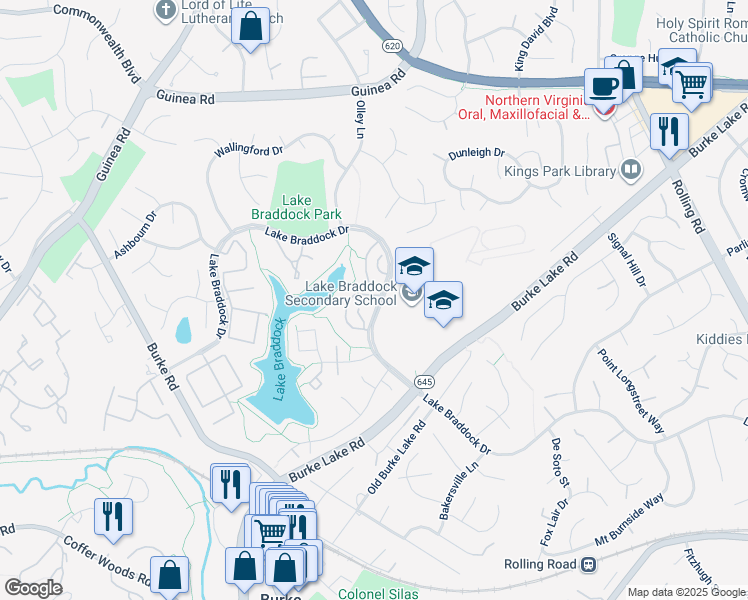 map of restaurants, bars, coffee shops, grocery stores, and more near 5400 Brixham Ct in Burke