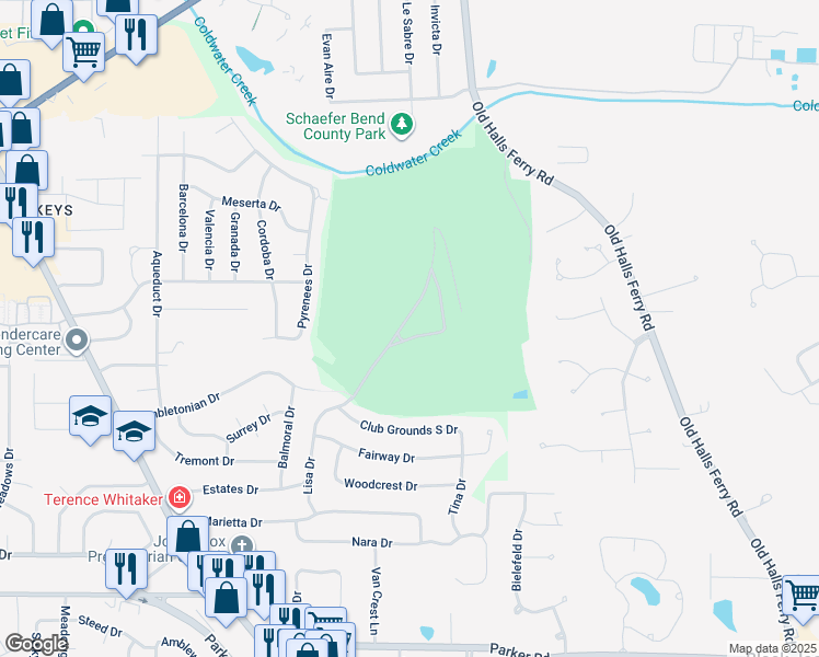 map of restaurants, bars, coffee shops, grocery stores, and more near 69 Club Grounds N Dr in Florissant