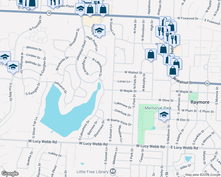 map of restaurants, bars, coffee shops, grocery stores, and more near 102 North Sunset Lane in Raymore