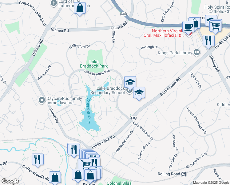 map of restaurants, bars, coffee shops, grocery stores, and more near 5410 Brixham Court in Burke