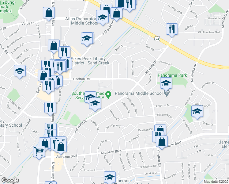 map of restaurants, bars, coffee shops, grocery stores, and more near 4326 Hunting Meadows Circle in Colorado Springs