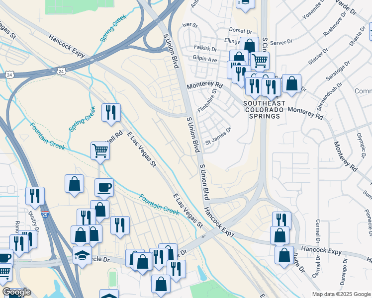 map of restaurants, bars, coffee shops, grocery stores, and more near 2142 Birmingham Loop in Colorado Springs
