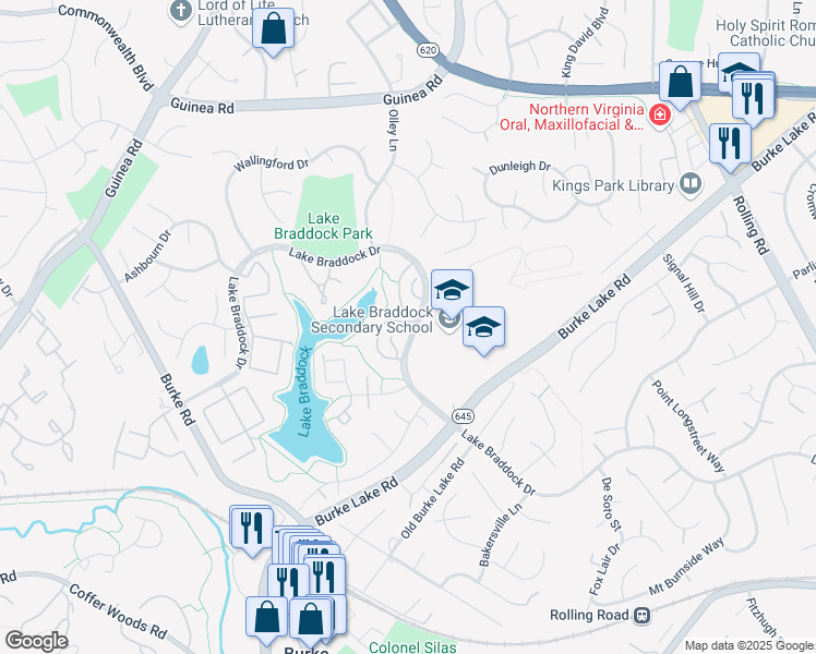 map of restaurants, bars, coffee shops, grocery stores, and more near 5400 Brixham Ct in Burke