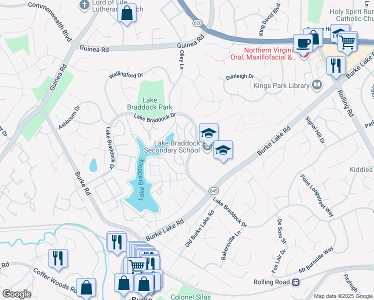 map of restaurants, bars, coffee shops, grocery stores, and more near 5404 Brixham Court in Burke