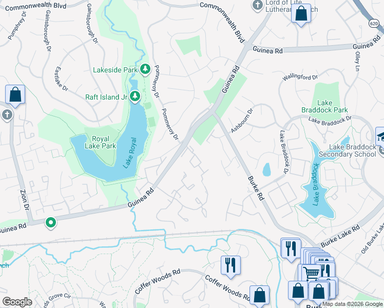 map of restaurants, bars, coffee shops, grocery stores, and more near 9621 Pierrpont Street in Burke