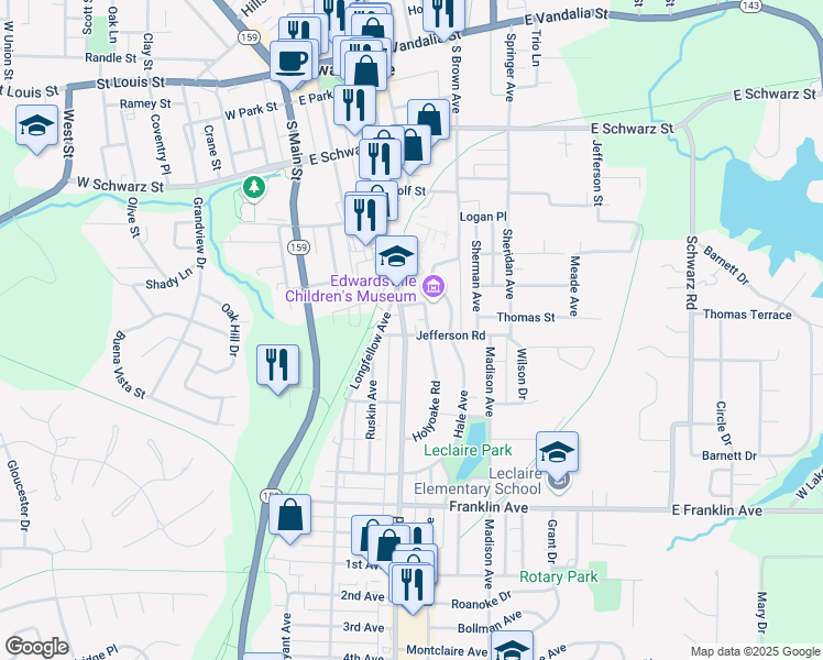 map of restaurants, bars, coffee shops, grocery stores, and more near 303 Jefferson Road in Edwardsville