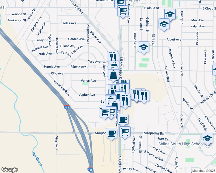 map of restaurants, bars, coffee shops, grocery stores, and more near 2154 Planet Avenue in Salina