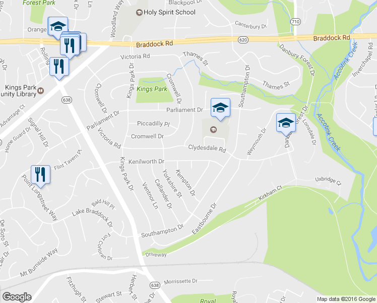 map of restaurants, bars, coffee shops, grocery stores, and more near 8619 Clydesdale Road in Springfield