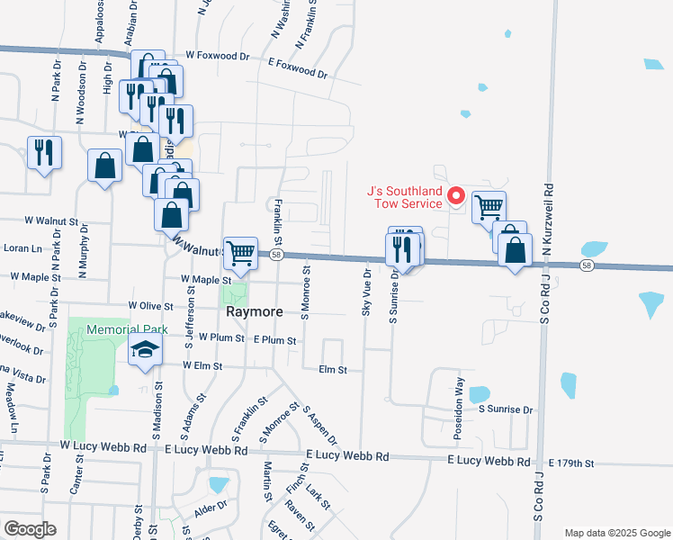 map of restaurants, bars, coffee shops, grocery stores, and more near 307 East Walnut Street in Raymore