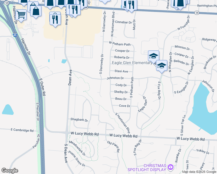 map of restaurants, bars, coffee shops, grocery stores, and more near 226 South Huntsman Boulevard in Raymore