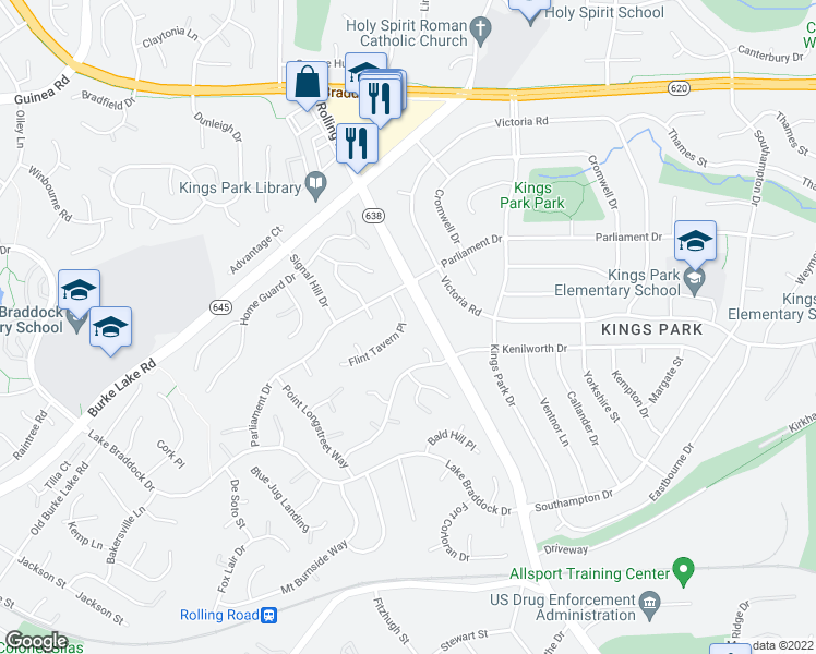 map of restaurants, bars, coffee shops, grocery stores, and more near 5417 Flint Tavern Place in Burke