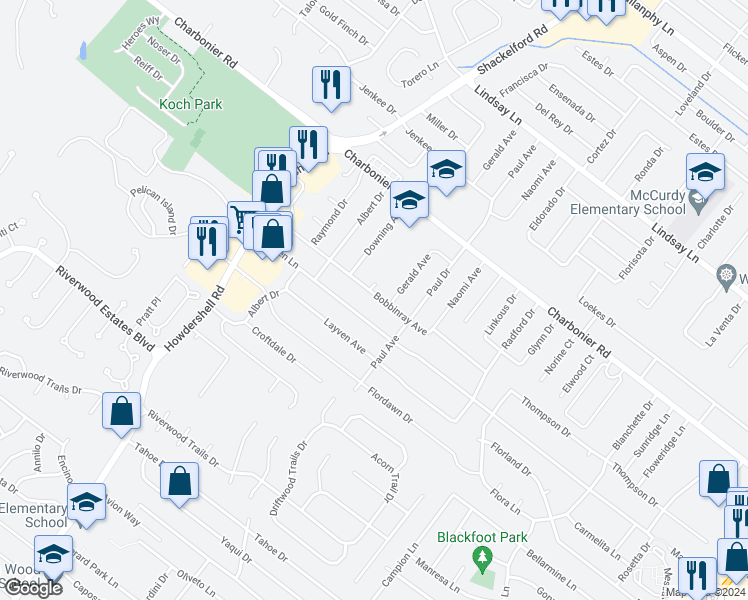 map of restaurants, bars, coffee shops, grocery stores, and more near 1800 Bobbinray Avenue in Florissant