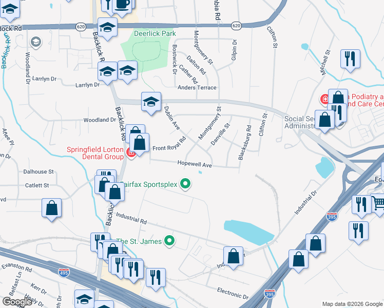 map of restaurants, bars, coffee shops, grocery stores, and more near 5413 Montgomery Street in Springfield
