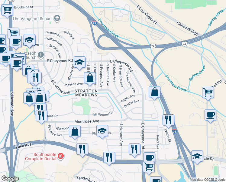 map of restaurants, bars, coffee shops, grocery stores, and more near 2128 South Corona Avenue in Colorado Springs
