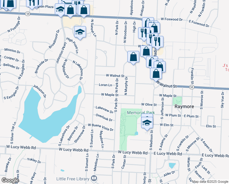map of restaurants, bars, coffee shops, grocery stores, and more near 100 North Park Drive in Raymore