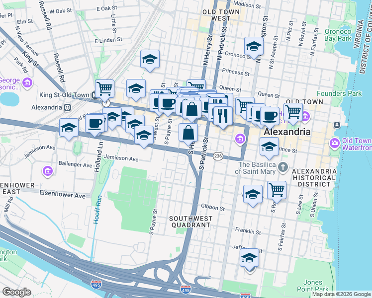 map of restaurants, bars, coffee shops, grocery stores, and more near 1111 Duke Street in Alexandria