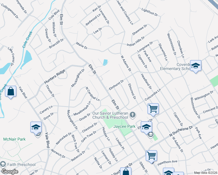 map of restaurants, bars, coffee shops, grocery stores, and more near 309 Elmhurst Drive in Saint Charles