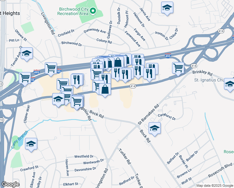 map of restaurants, bars, coffee shops, grocery stores, and more near 6196 Maryland 414 in Oxon Hill