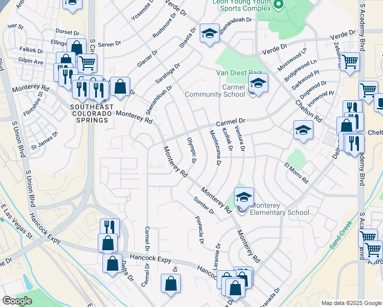 map of restaurants, bars, coffee shops, grocery stores, and more near 1928 Olympic Drive in Colorado Springs