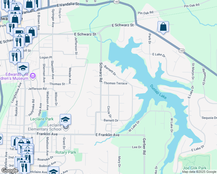 map of restaurants, bars, coffee shops, grocery stores, and more near 61 Circle Drive in Edwardsville