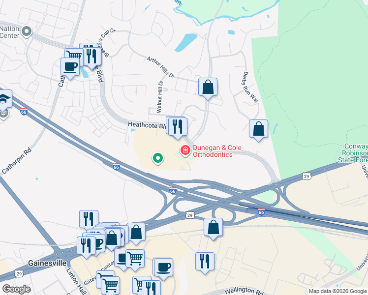 map of restaurants, bars, coffee shops, grocery stores, and more near Heritage Village Plaza in Gainesville