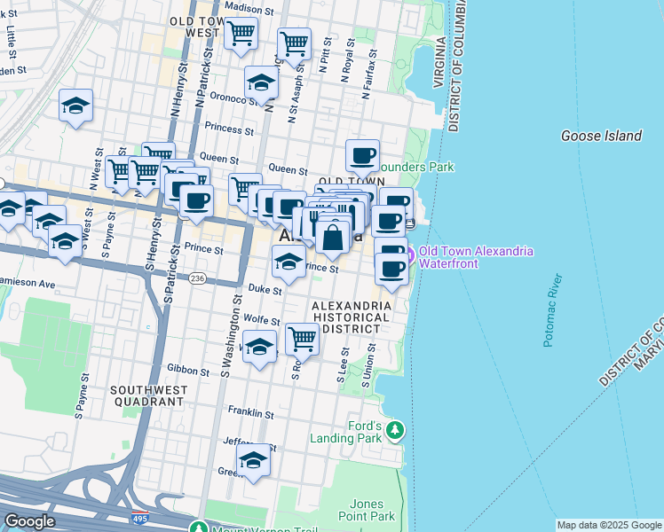 map of restaurants, bars, coffee shops, grocery stores, and more near 305 Prince Street in Alexandria