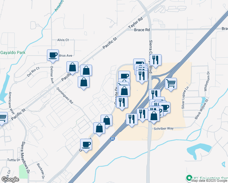 map of restaurants, bars, coffee shops, grocery stores, and more near 5008 Jewel Street in Rocklin