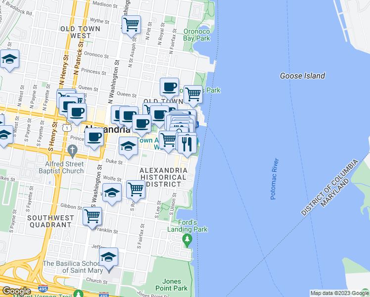 map of restaurants, bars, coffee shops, grocery stores, and more near 110 South Union Street in Alexandria