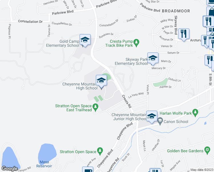 map of restaurants, bars, coffee shops, grocery stores, and more near 1200 Cresta Road in Colorado Springs