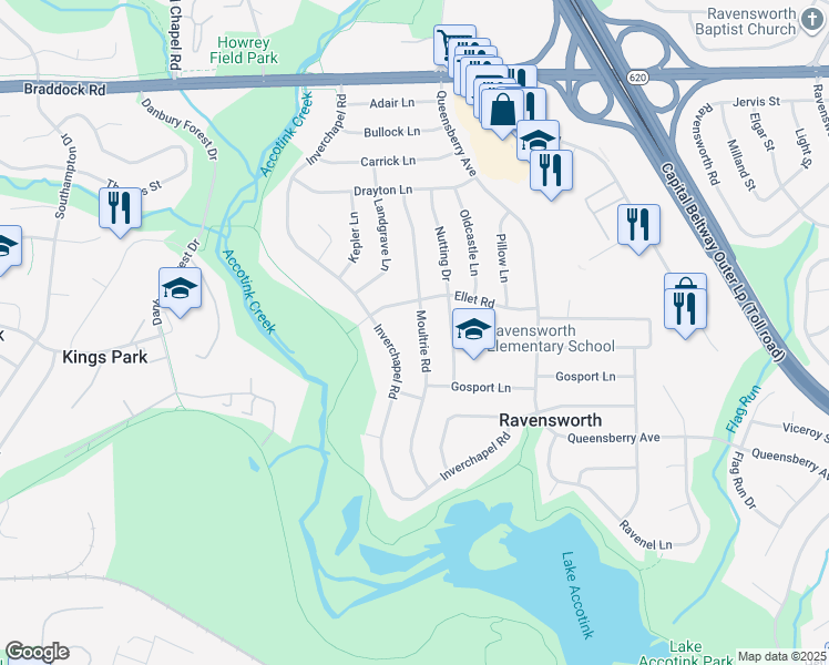 map of restaurants, bars, coffee shops, grocery stores, and more near 5407 Moultrie Road in Springfield