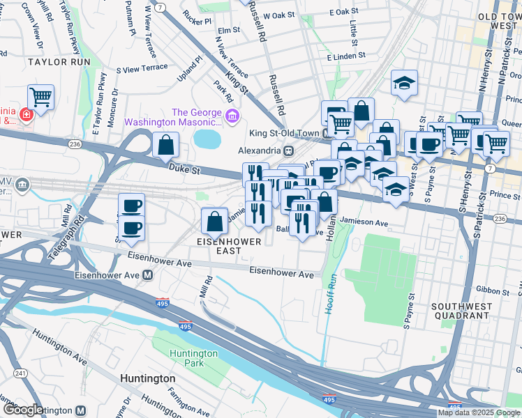 map of restaurants, bars, coffee shops, grocery stores, and more near 2050 Jamieson Avenue in Alexandria