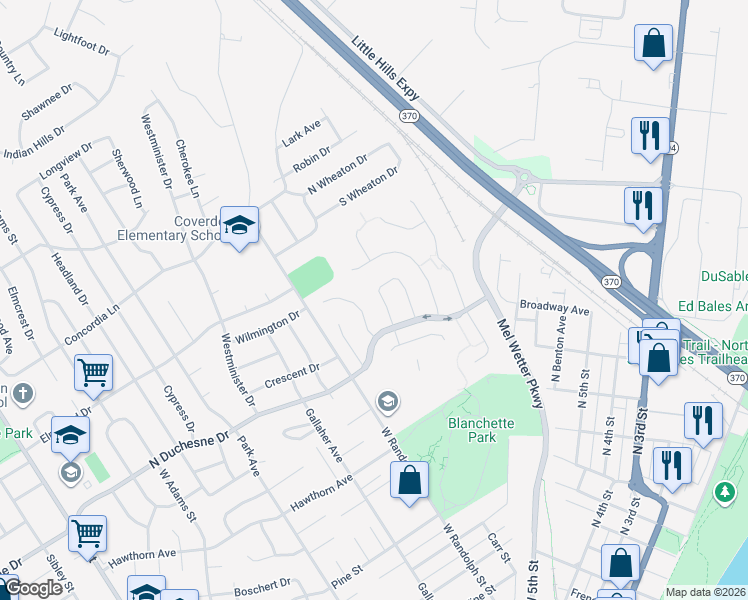 map of restaurants, bars, coffee shops, grocery stores, and more near 2325 Banon Drive in Saint Charles