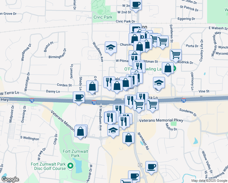 map of restaurants, bars, coffee shops, grocery stores, and more near 609 School Street in O'Fallon