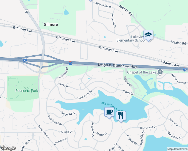 map of restaurants, bars, coffee shops, grocery stores, and more near 3 Ellerman Court in Lake Saint Louis