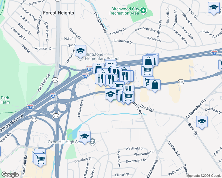 map of restaurants, bars, coffee shops, grocery stores, and more near 6315 Oxon Hill Road in Oxon Hill