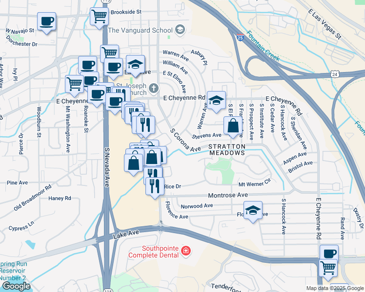 map of restaurants, bars, coffee shops, grocery stores, and more near 2025 South Corona Avenue in Colorado Springs