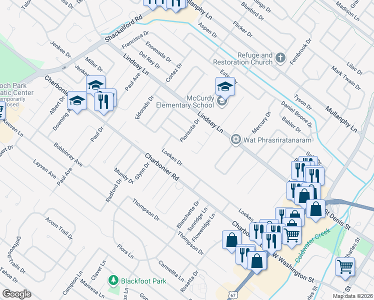 map of restaurants, bars, coffee shops, grocery stores, and more near 20 Cedar Park Drive in Florissant