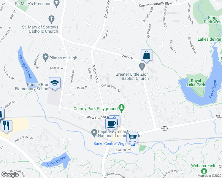 map of restaurants, bars, coffee shops, grocery stores, and more near 5407 New London Park Drive in Fairfax